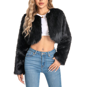 Cropped Fur Coat for Women, Faux Furry Long Sleeve Fluffy Jacket Open Front Winter Shaggy Warm Outwear