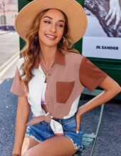 Load image into Gallery viewer, Womens Button Down Shirts Color Block Short Sleeve Cotton Linen Summer Causal Blouses Tops