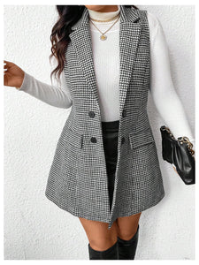 Women's Plus Size Tweed Coat Houndstooth Print Lapel Neck Single Breasted Vest Outerwear