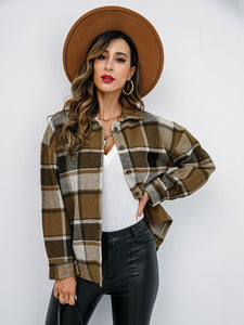 Shiny Plaid Button Up Collared Neck Jacket in 4 Colors