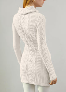 Women Polo Neck Long Slim Fitted Dress Bodycon Turtleneck Cable Knit Sweater