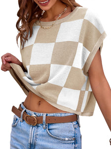 Womens Cap Sleeve Crop Tops Crew Neck Knit Trendy Casual Sweater