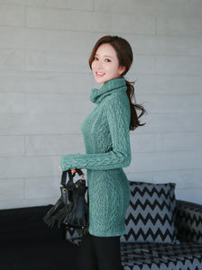 Women Polo Neck Long Slim Fitted Dress Bodycon Turtleneck Cable Knit Sweater