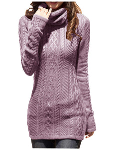 Women Polo Neck Long Slim Fitted Dress Bodycon Turtleneck Cable Knit Sweater