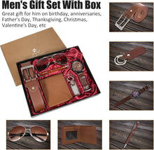 Load image into Gallery viewer, 6pcs Men&#39;s Gift Set with Box Brown Leather Belt Wallet Watch Glasses Keychain Ballpoint Pen Gifts for Men, Valentines Day Gifts for Him