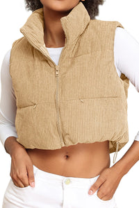 Women's Corduroy Cropped Puffer Vest with Pockets, High Stand Collar Outerwear Lightweight Warm Sleeveless Jacket