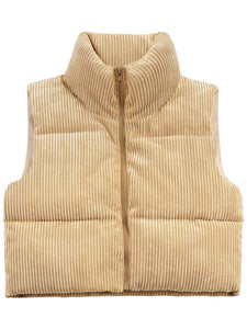 Cropped Puffer Vest Women with Pockets Short Corduroy Vest Sleeveless Stand Collar Padded Puffy Outerwear