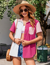 Load image into Gallery viewer, Womens Button Down Shirts Color Block Short Sleeve Cotton Linen Summer Causal Blouses Tops