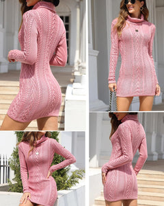 Women Polo Neck Long Slim Fitted Dress Bodycon Turtleneck Cable Knit Sweater