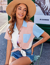 Load image into Gallery viewer, Womens Button Down Shirts Color Block Short Sleeve Cotton Linen Summer Causal Blouses Tops