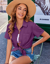 Load image into Gallery viewer, Womens Button Down Shirts Color Block Short Sleeve Cotton Linen Summer Causal Blouses Tops