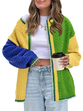 Women's Oversized Color Block Cardigan Sweaters Open Front Chunky Knit Colorful Coats