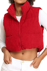 Women's Corduroy Cropped Puffer Vest with Pockets, High Stand Collar Outerwear Lightweight Warm Sleeveless Jacket