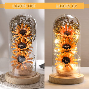 Sunflower Gifts for Women, Sunflowers Artificial Flowers in Glass Dome with LED Strip (Yellow)