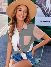 Load image into Gallery viewer, Womens Button Down Shirts Color Block Short Sleeve Cotton Linen Summer Causal Blouses Tops