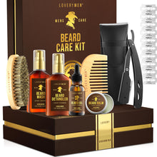 Load image into Gallery viewer, Valentines Day Gifts for Men, Beard Care Kit, Sandalwood Mens Grooming Kit with Straight Edge Razor, Beard Oil, Balm, Wash, Detangler, Brush &amp; More