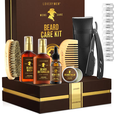 Valentines Day Gifts for Men, Beard Care Kit, Sandalwood Mens Grooming Kit with Straight Edge Razor, Beard Oil, Balm, Wash, Detangler, Brush & More