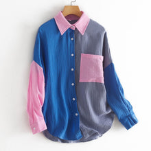 Load image into Gallery viewer, Women&#39;s Color Block Long Sleeve Button Down Boyfriend Shirt Blouses