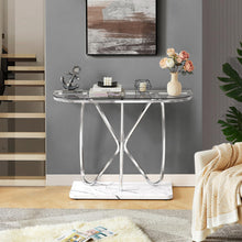 Load image into Gallery viewer, HOMISSUE Console Table, Modern Console Table with Tempered Glass Top and Chrome Frame, Glass Entryway Table with Marbled MDF Base, Console Table for Entryway, Hallway, Living Room (Silver&amp;Clear Glass)