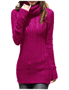 Women Polo Neck Long Slim Fitted Dress Bodycon Turtleneck Cable Knit Sweater