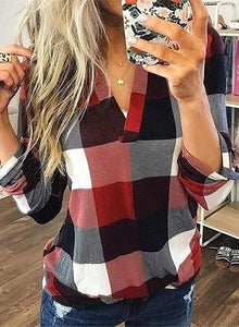 Womens Basic Casual V Neck Plaid Print Cotton Cuffed Long Sleeve Work Tops Blouses Shirts S-3XL