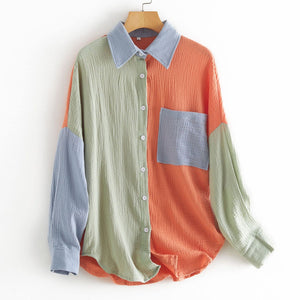 Women's Color Block Long Sleeve Button Down Boyfriend Shirt Blouses