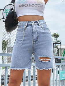 Distressed Raw Hem Denim Shorts in 2 Colors