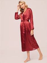 Load image into Gallery viewer, Elegant Solid Contrast Lace Hollow Out Night Robes, Comfy Long Sleeve Longline Sleep Robe With Belt, Women&#39;s Sleepwear