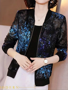 Stylish Floral Print Zipper Jacket - Long Sleeve, Elegant Outwear- Women's Fashion Clothing - M