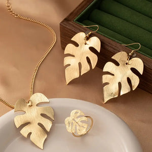 Elegant Hollow Leaf Jewelry Set For Women - Necklace, Earrings & Ring Combo