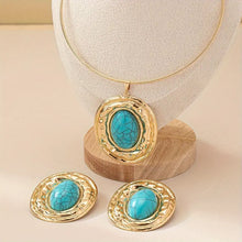 Load image into Gallery viewer, Fashion Vintage-Inspired Blue Turquoise Geometric Oval Pendant Necklace &amp; Earrings Set for Women, An Imitation from Persian Queens Jewelries.