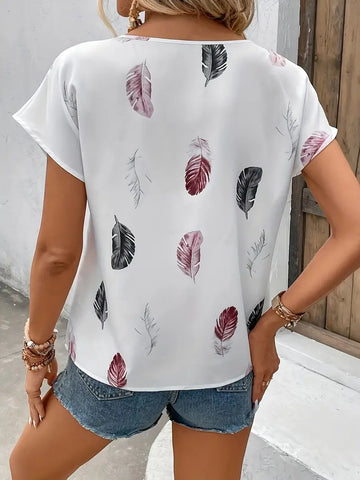 Chic Summer Feather-Print Blouse: Breathable, Durable & Easy-Care Women's Casual Top- L