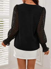 Load image into Gallery viewer, Solid V-neck Mesh Splicing Blouse, Elegant Lantern Sleeve Blouse For Women-Size: S