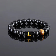 Load image into Gallery viewer, Luxury Glossy Black Glass Letter Beaded Tiger Eye Stone Boho Chic Stainless Steel 14K Gold Plated Adjustable Cuff Bangle for Men and Women