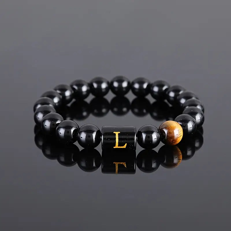 Luxury Glossy Black Glass Letter Beaded Tiger Eye Stone Boho Chic Stainless Steel 14K Gold Plated Adjustable Cuff Bangle for Men and Women