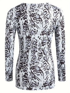 Leopard Print Twist Tunic - Flattering V Neck, Slimming Long Sleeves - Womens Fashion Casual Top with Figure-Embracing Twist Detail- 2 Sizes