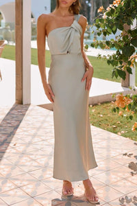 Elegant Knotted Single Shoulder Maxi Dress, Evening Dresss