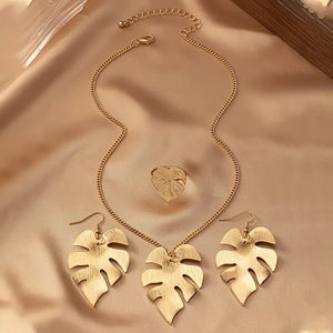 Elegant Hollow Leaf Jewelry Set For Women - Necklace, Earrings & Ring Combo