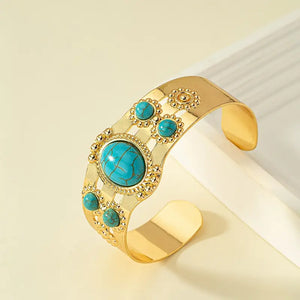 Elegant Inlaid Turquoise Oval Shaped Pattern Bangle - Golden Silvery Palace Retro Style Open Cuff Design, Jewelry for Women, in 2 Colors