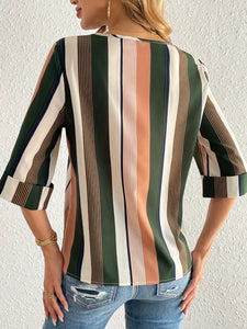 3/4 Sleeve Striped Print Casual Crew Neck Blouse - Soft Polyester Fabric, Versatile Regular Length,Size: L