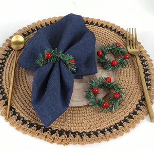 Pack of 6 Festive Red Pinecone Shape Christmas Napkin Rings - Hand-Woven Needle Napkin Buckles with Berry Candle Wreath Design