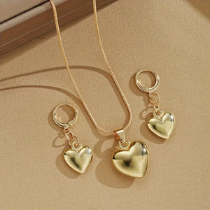 Golden Heart Drop Earrings and Necklace Jewelry Set - Chic, Versatile, and Durable