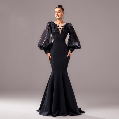 Long Sleeve Round Neck Banquet Applique Sheath Fishtail Dress