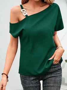 Chain Strap Asymmetrical Blouse, Elegant Short Sleeve Slant Shoulder Top- In 2 Sizes