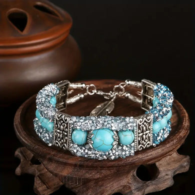 Glamorous Vintage Carved Faux Turquoise Bangle with Sparkling Rhinestones - Fashion Jewelry for Girls and Women