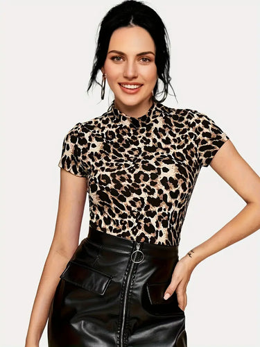 Leopard Print Chic T-Shirt - Soft Mock Neck, Lightweight Short Sleeves - Perfect for Spring & Summer, Trendy Women's Fashion