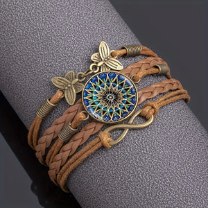 Vibrant Glass Mosaic Bohemian Mandala Butterfly Infinity Knot PU Leather Adjustable Cuff Bracelet, Accessories for Women