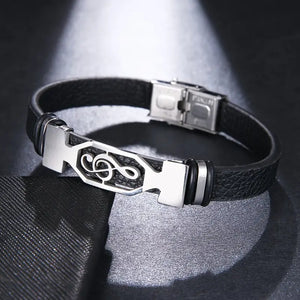 1pc Fashion Stainless Steel Leather Music Symbol Cuff Bracelet - Durable Plated White K Finish, Stylish Daily Wear for Men