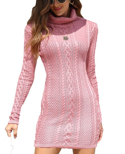 Women Polo Neck Long Slim Fitted Dress Bodycon Turtleneck Cable Knit Sweater