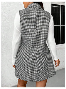 Women's Plus Size Tweed Coat Houndstooth Print Lapel Neck Single Breasted Vest Outerwear